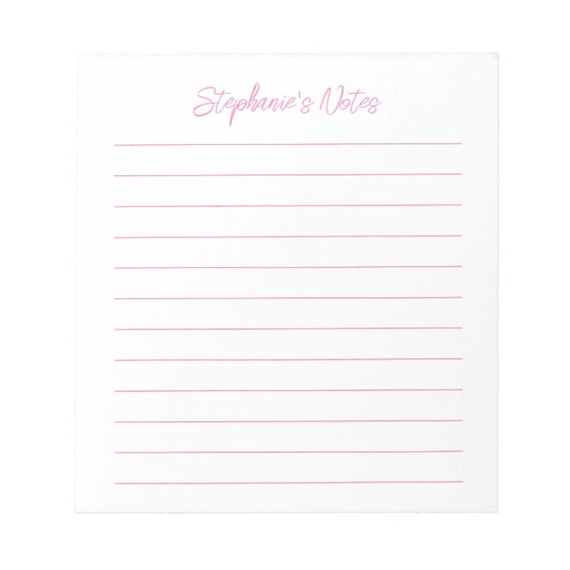 Bloc De Notas Script Elegante Rosa Personalizado con Líneas (Frente)