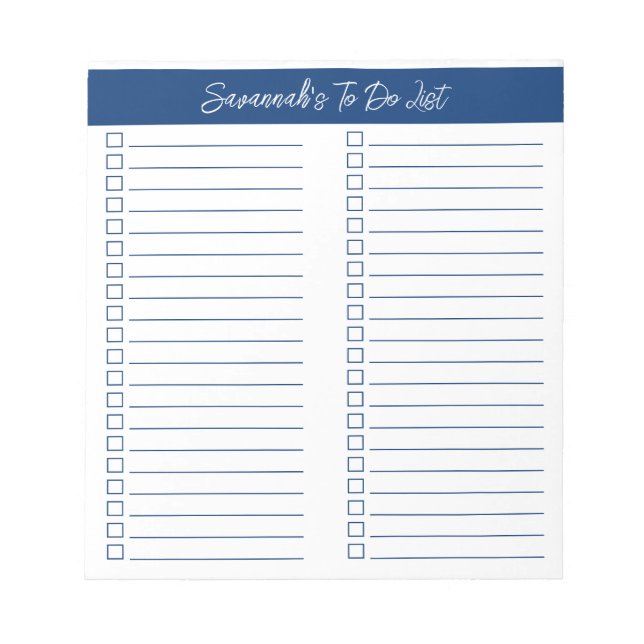 Bloc De Notas Script Modern Navy Blue Two Column Checklist (Frente)