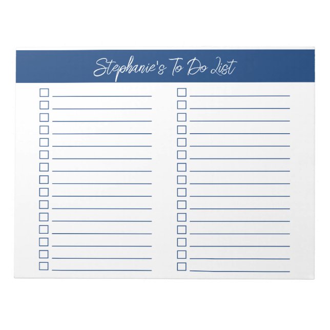 Bloc De Notas Script Navy Blue 8.5x11 Two Column Checklist (Frente)