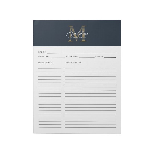 Bloc De Notas Script Navy Blue Metallic Gold Monogram Recipe (Lado Izquierdo)