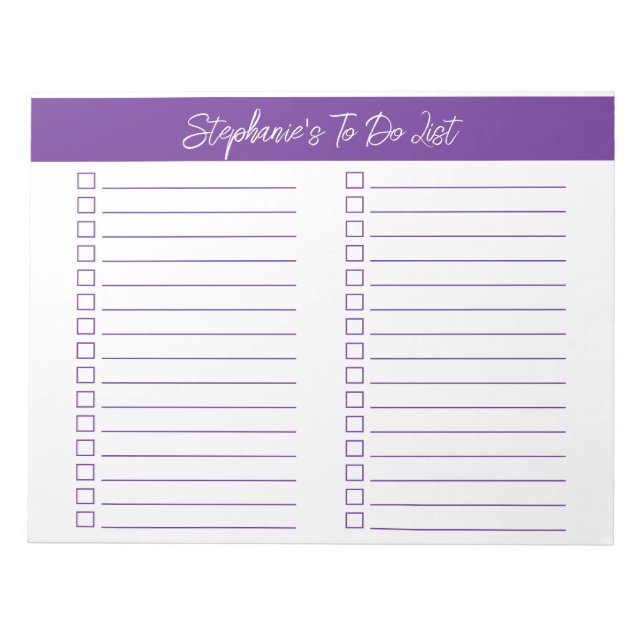 Bloc De Notas Script Purple 8.5x11 Two Column Checklist (Frente)
