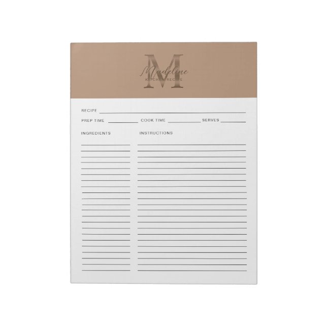 Bloc De Notas Script Taupe Metallic Gold Monogram Recipe (Lado Izquierdo)