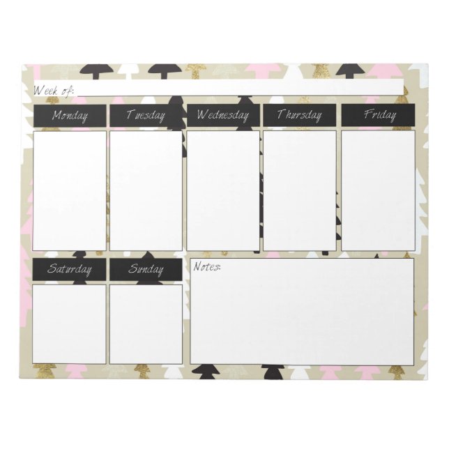 Bloc de notas semanal del patrón de árbol rosa y d (Frente)