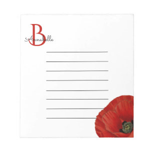 Bloc De Notas Simple Amapola Roja Monogramada con Forro