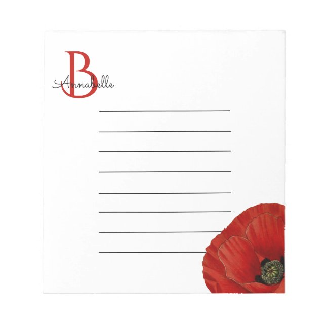 Bloc De Notas Simple Amapola Roja Monogramada con Forro  (Frente)