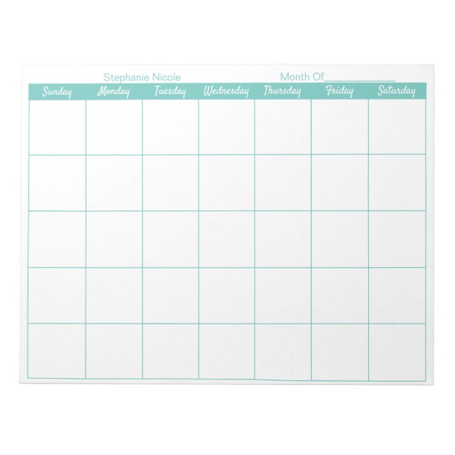 Bloc De Notas Simple Aqua Thin Border Name Mensual Planner (Frente)
