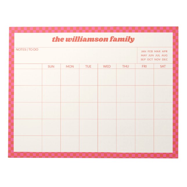 Bloc De Notas Simple Pink Red Checkered Family Planner Calendar  (Frente)