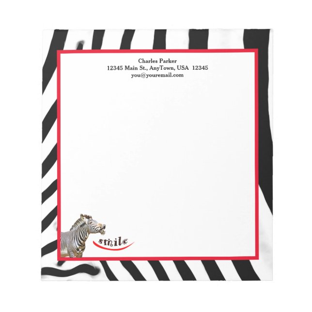 Bloc De Notas Sonrisa de cebra personalizable negro/blanco/rojo (Frente)