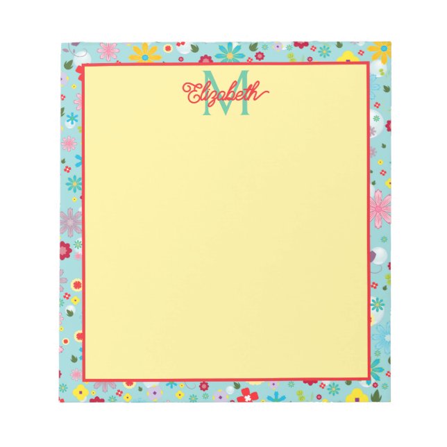 Bloc De Notas Spring Flowers on Aqua Blue Monogram (Frente)