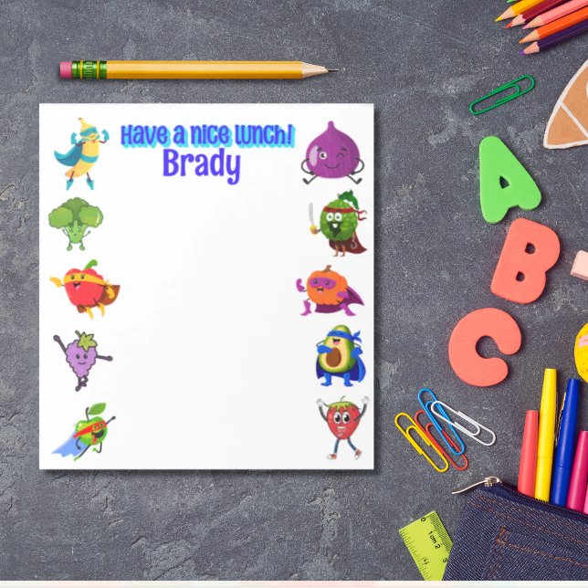 Bloc De Notas Superhéroe de comida de nombre de amor personaliza (Personalized back to school lunchbox love note  )