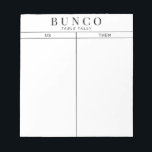 Bloc De Notas Tally de mesa simple de Bunco en blanco y negro<br><div class="desc">Tire una hoja en cada mesa para que la persona mantenga el recuento de la puntuación y racionalice su juego Bunco con estos listos para ir y usar fácilmente las hojas de cuenta rasgadas.</div>