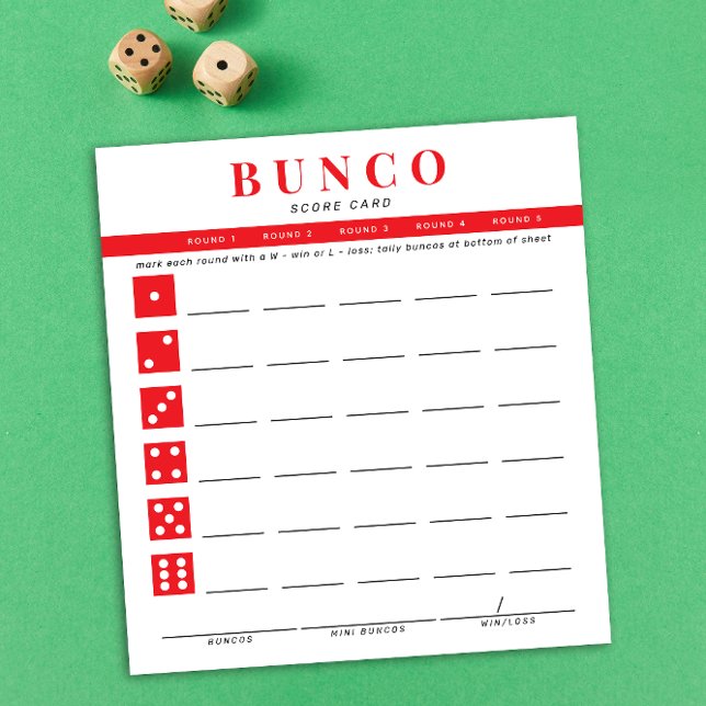 Bloc De Notas Tarjeta de puntuación simple de Bunco rojo y blanc (modern tear-off notepad Bunco score card with red and white dice graphic accents)