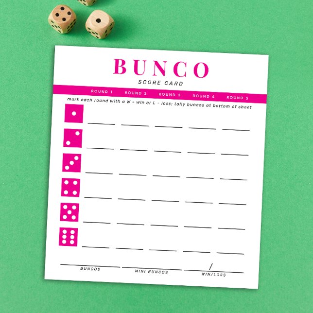 Bloc De Notas Tarjeta de puntuación simple de Bunco rosa y blanc (modern tear-off notepad Bunco score card with hot fuchsia pink dice graphics and accents)