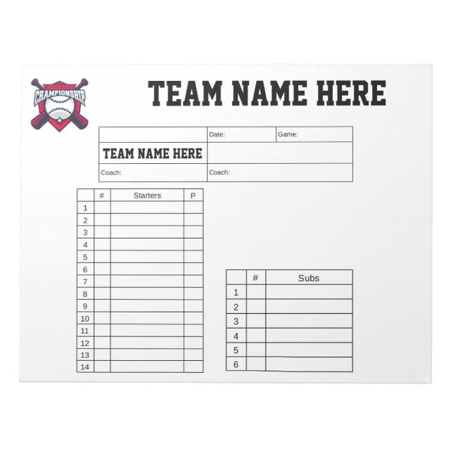 Bloc De Notas Tarjetas de alineación de béisbol (Frente)