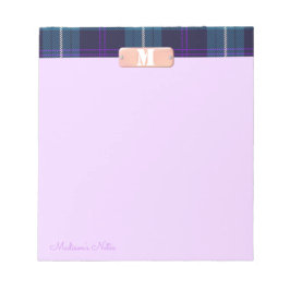 Bloc De Notas Tartan Azul Monograma de Script Personalizado Lila