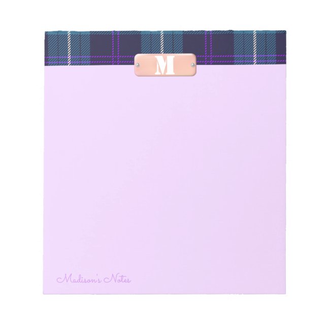Bloc De Notas Tartan Azul Monograma de Script Personalizado Lila (Frente)