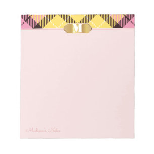 Bloc De Notas Tartán rosa Golden Script Nombre Monograma Apricot