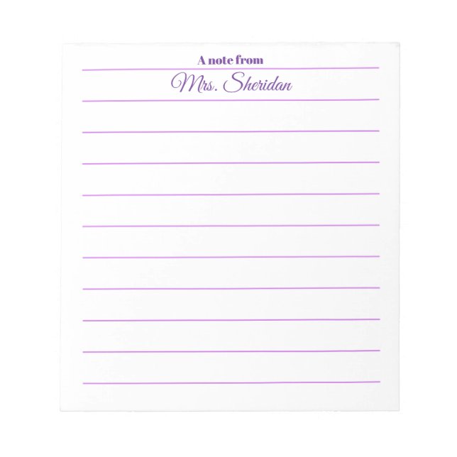 Bloc De Notas Teacher Notepads Purple Lined Paper A note from (Frente)