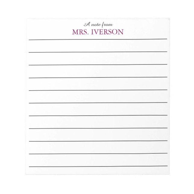 Bloc De Notas teacher Notepads Simple lined paper "a note from" (Frente)