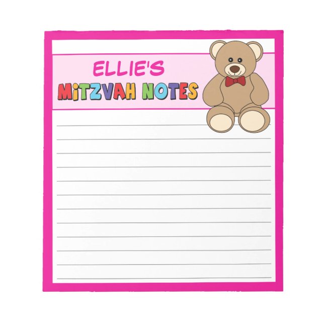 Bloc De Notas Teddy Bear Mitzvah Pink personalizado (Frente)