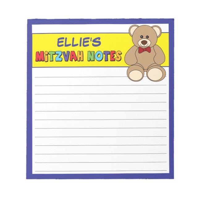 Bloc De Notas Teddy Bear Personalizado Mitzvah Azul Amarillo (Frente)