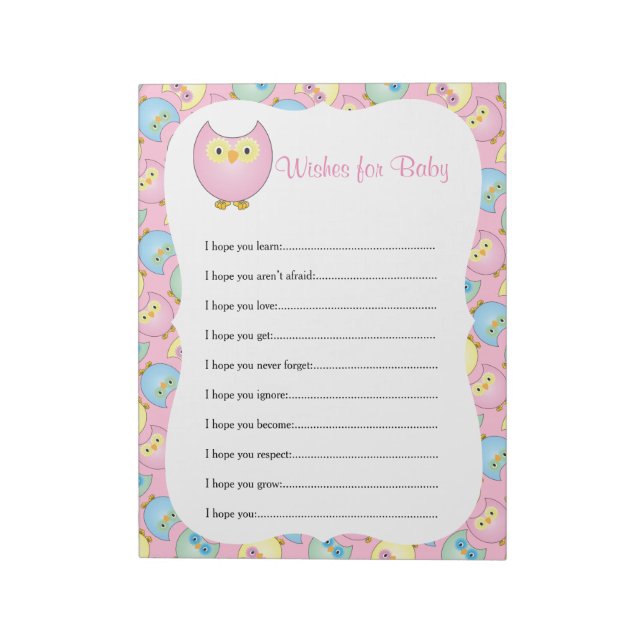 Bloc De Notas Tema de Baby Shower Pastel Pink Cute Owl - Deseos (Lado Izquierdo)
