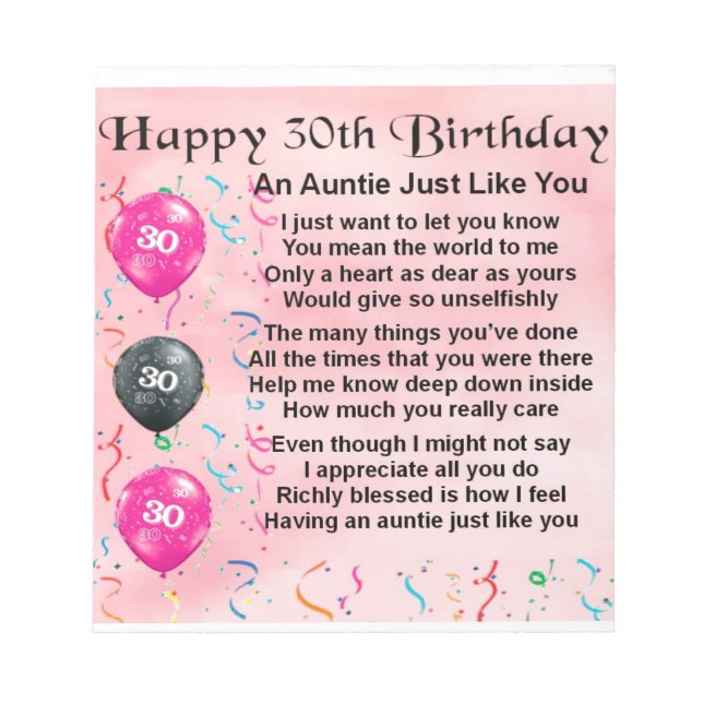 Bloc De Notas Tía Poema 30 Cumpleaños (Frente)