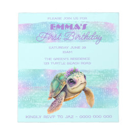 Bloc De Notas Tortuga Cute Summer Beach Aqua 1er cumpleaños