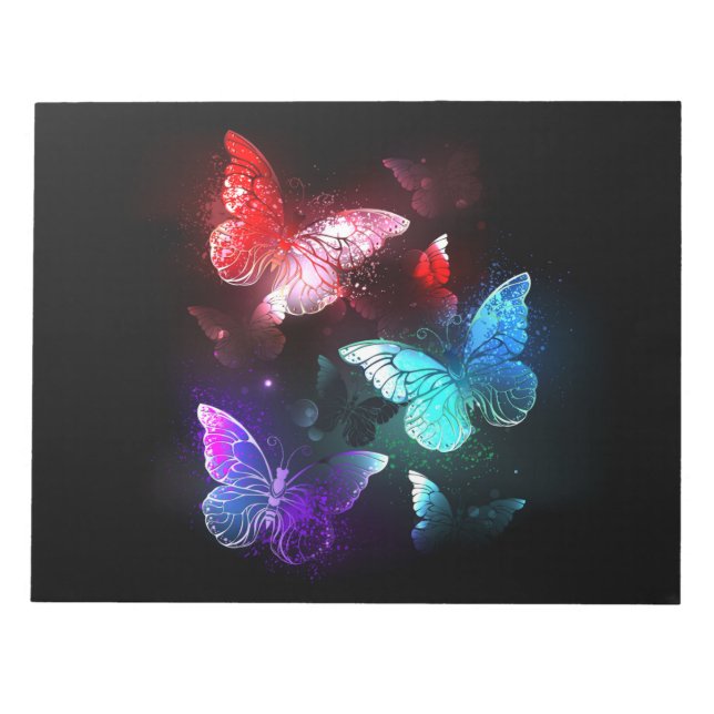 Bloc De Notas Tres mariposas brillantes en el fondo nocturno (Frente)