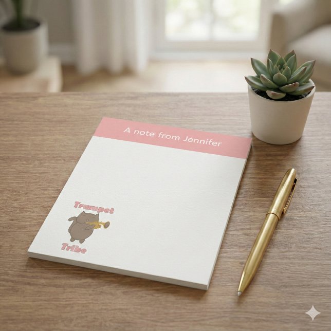 Bloc De Notas Trumpet Tribe Cute Cat Pink Personalize (A notepad featuring a brown cat and the words trumpet tribe in pink.)