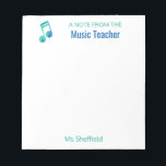 Bloc De Notas Una Nota Del Profesor De Música Personalizada<br><div class="desc">Una Nota Del Bloc De Notas De Música Personalizado. Un regalo divertido personalizado para tu profesor de música favorito. Personalice estas notas en tonos verdes y azules. En la parte superior de este bloc de notas hay una nota musical de color acuarela de colores verde azulados y azules profundos. Un...</div>