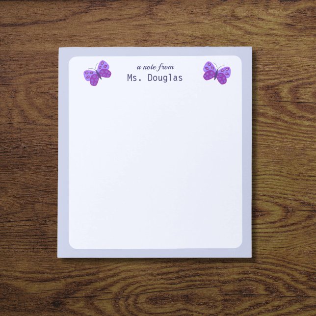 Bloc De Notas Una Nota Del Profesor Notepad (Purple butterflies notepad for teacher.)