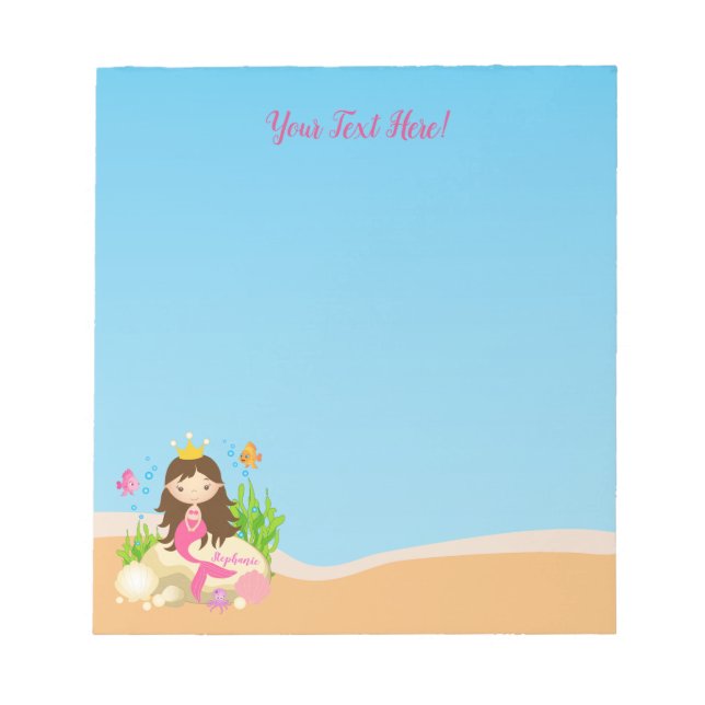 Bloc De Notas Under the Sea Cute Brunette Mermaid Custom Name (Frente)