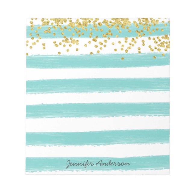 Bloc De Notas Verde azulada moderna Stripe Gold Confetti Persona (Frente)