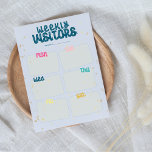 Bloc De Notas Visitantes semanales, cuidado, padres ancianos Not<br><div class="desc">Usa este bloc de notas desgarrador para seguir la pista de los visitantes de tus padres o de sus seres queridos. Esta es una de mis notas semanales de visitante con un diseño con cajas en lugar de lineales. Más fácil para alguien con manos temblorosas escribir una nota. Creé esto...</div>
