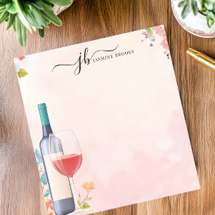 Bloc De Notas Watercolor Wine Botella Floral Personalizada