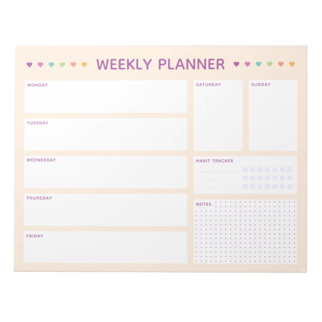 Bloc De Notas Weekly Planner Colorful Hearts Purple Text (Frente)