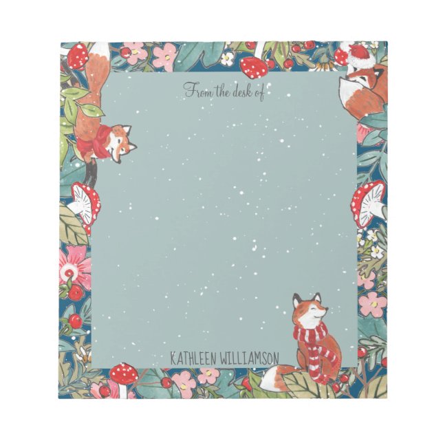 Bloc De Notas Whimsical Fox Mushroom Verde azulados Navidades Wo (Frente)