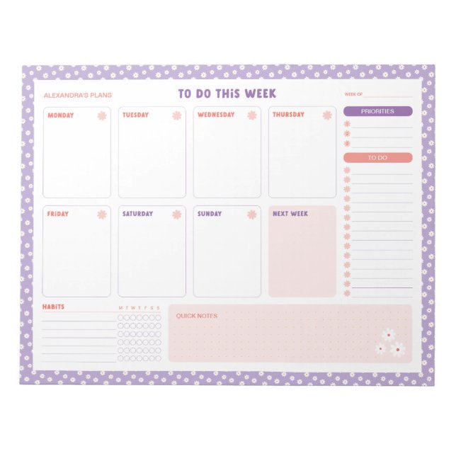 Bloc De Notas White Daisies Floral Weekly To Do List Planner (Frente)