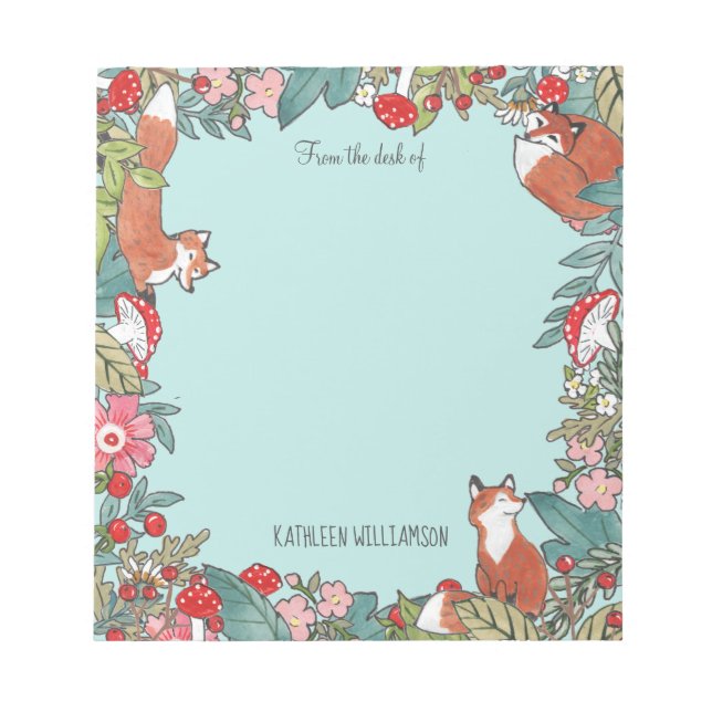 Bloc De Notas Woodland Blue Fox Foxes Forest Leaf Personalizado (Frente)