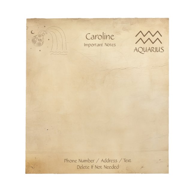 Bloc De Notas Zodiac Rótulo Aquarius - Notepad personalizada (Frente)