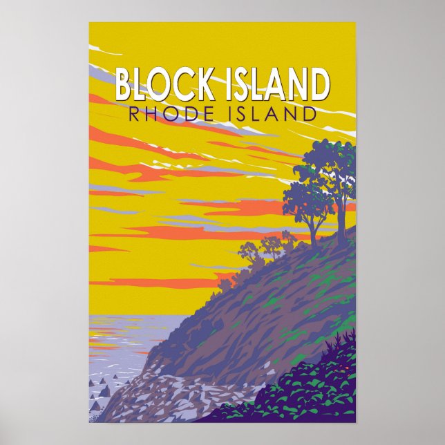 Block Island Rhode Island Arte de Viaje Vintage (Frente)