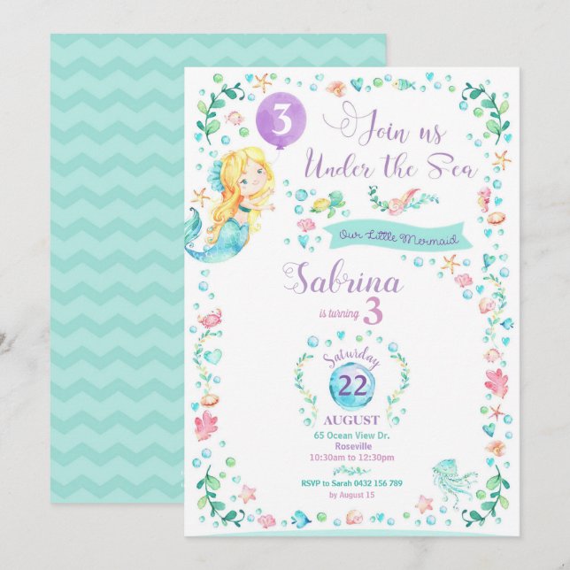 Blonde del fiesta de la sirena de la invitación (Anverso / Reverso)