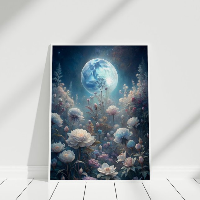 Bloom lunar - arte de la luna llena y el jardín de (Lunar Bloom – Full Moon and Wildflower Garden Art Poster in a white wooden frame)