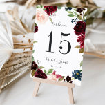 Bloom radiante | Tarjeta de número de tabla person<br><div class="desc">Las tarjetas con el número de la mesa de moda del jardín cuentan con un borde de corona oval de color verde agua y flores de colores vivos en rosa rosa rosa oscuro, marsala borgoña y azul marino, enmarcando el número de la mesa en negro rico. Personalice con sus nombres...</div>