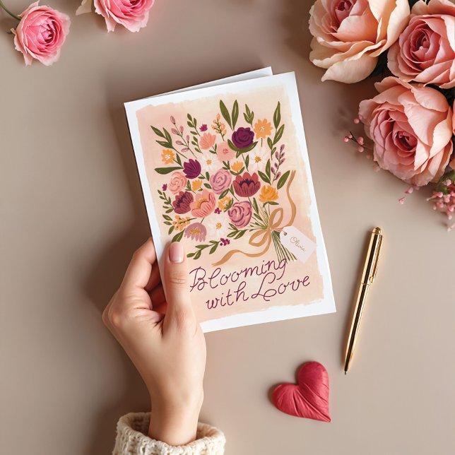 Blooming Floral Bouquet Bow Tarjeta El día de San  (Blooming Floral Bouquet Bow Valentine's Day Card)
