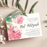 Blooming Peony | Invitación a Bat Mitzvah<br><div class="desc">Las invitaciones florales dulces para los mitzvahs de murciélago presentan peonías acuarelas en rosa vibrante,  acentuadas con hojas verdes exuberantes. Personalizar con sus detalles de Bat Mitzvah alineados a la derecha y adornados con caligrafía de moda. Las invitaciones se invitan al color rosa sólido.</div>