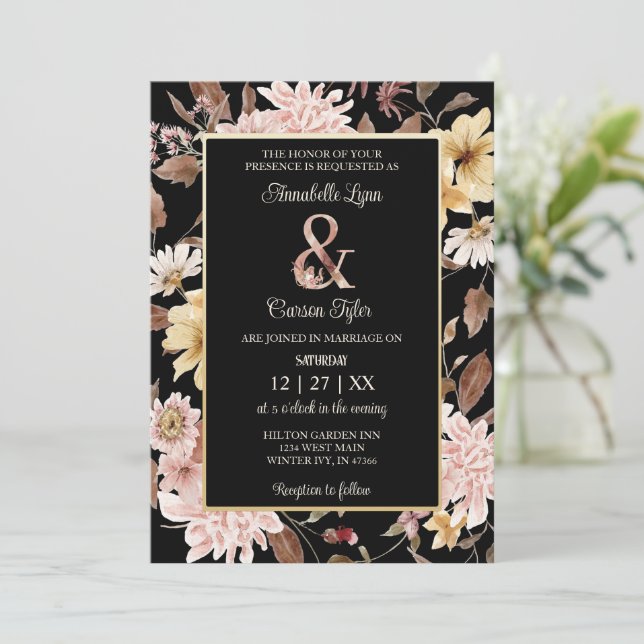 Blooms de Boho negro e invitación a la boda de ave (Anverso de pie)