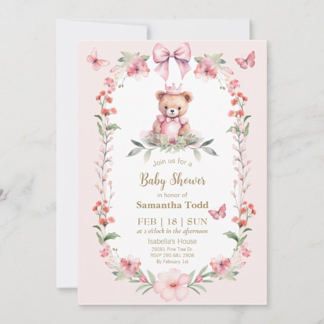 Blooms y mariposas: Invitación del bebé de bienven (Anverso)