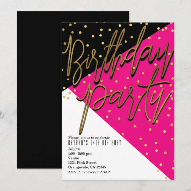 Bloque de color Invitaciones de cumpleaños de oro  (Anverso / Reverso)